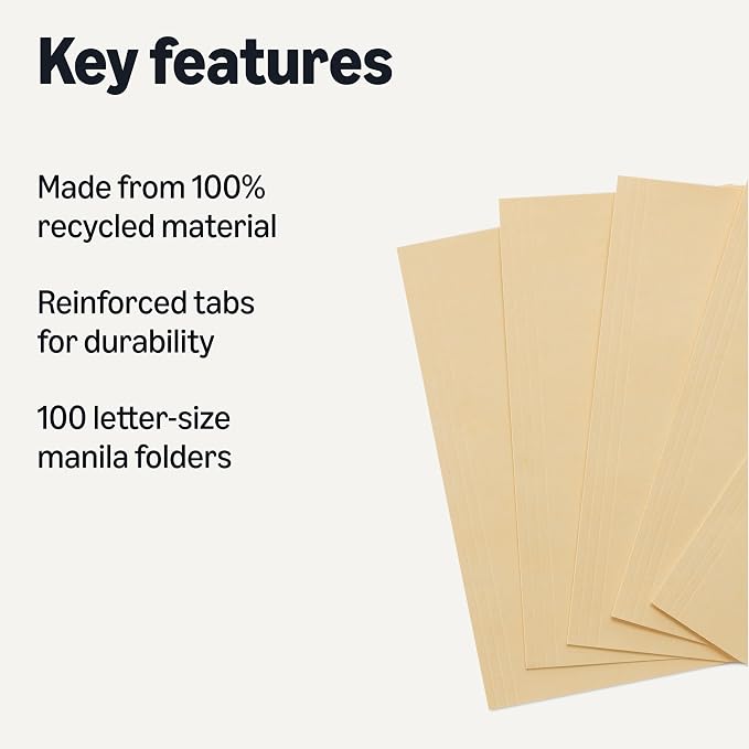 Amazon Basics 100% Recycled File Folder, 1/3-Cut Tab, Letter Size, Manila, Pack of 100