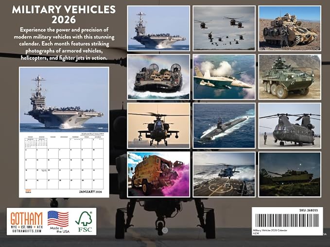 Military Calendar 2026 Navy Marine Army Vehicles Monthly Wall Calender 12 Month | American Made In The USA