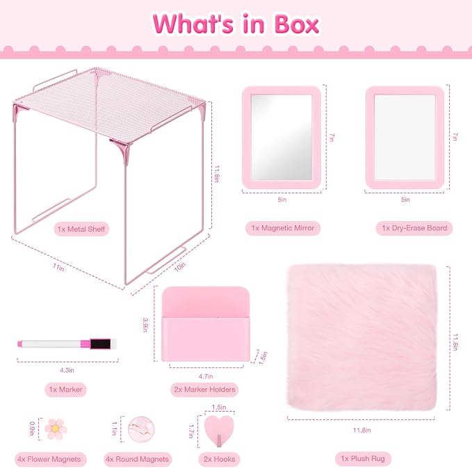 MoKo 17 Pcs Pink Locker Accessories for Girls, Cute Locker Accessories Kit with Mesh Shelf, Magnetic Dry Erase Board, Mirror, Marker Holder, Marker, Plush Rug, Magnets, Lockers Decor for School & Work