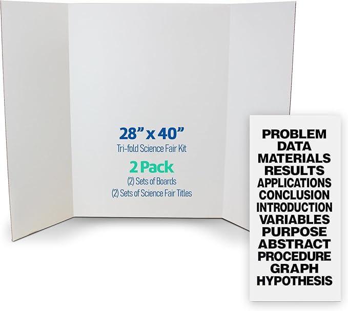 Flipside Products Science Fair Project Board Kit – 28" x 40" White Trifold Boards with Black Title Letters – Classroom & School Project Display – 2 Pack