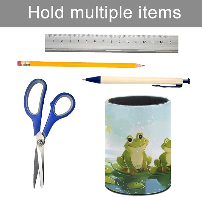 Four Happy Frogs on Lily Pads Pencil Holder Round Pen Cup Sunny Day Time PU Leather Marker Holder Makeup Brush Holders Desk Accessories Workspace Organizers for Home School Office