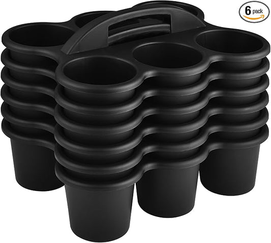 ALINK 6 Pack Classroom Caddy Storage Basket with Handle, Plastic Drink Cup Caddy Holder, 6 Compartments for Kids, Table, Office, Arts, Crafts, Crayon, Marker, Pencil, School Supplies - Black