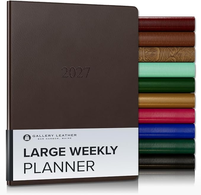 Gallery Leather Large Weekly Monthly Planner 2027, Elegantly Bound Calendar Planner and Notebook with Stylish Gold-Gilded Page Edges, 12 Months - Freeport Mocha - 9.75x7.5"