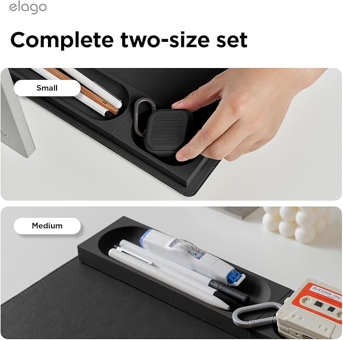 elago Smart Magnetic Desk Mat Pencil Tray – Soft Silicone Organizer for Office Supplies, AirPods, Glasses, Pens – Noise-Free, Non-Slip, Washable, Item for Desk Management [Medium-Small Set] (Black)