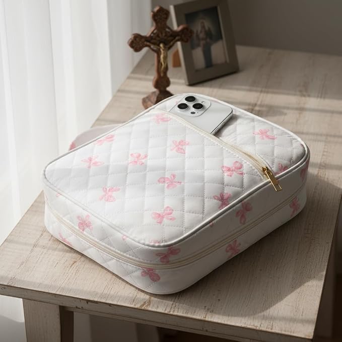 Bible Cover Case for Women,Bible Tote Bag Large Quilted Bible Cover with Durable Handle Carrying Case for Girls Bible Study Supplies Accessories,Christmas Christian Gifts for Women (Pink Butterfly)