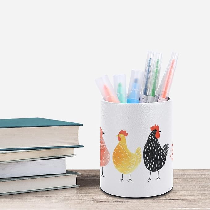 Row of Chickens Pencil Holder Round Pen Cup Hint of Bright Colour PU Leather Marker Holder Makeup Brush Holders Desk Accessories Workspace Organizers for Home School Office