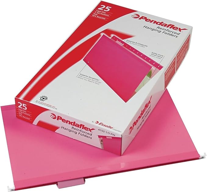 Pendaflex 04153 1/5 PIN Reinforced Hanging Folders, Legal Size, Pink, 1/5 Cut, 25/BX (4153 1/5 PIN)