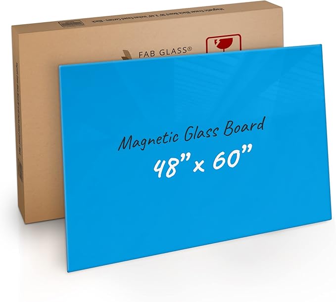 Glass Dry Erase Board 48"x60", Blue Surface with Eased Corners, Frameless Glass Board for Wall with Markers, Magnets, Eraser for Home & Office by Fab Glass and Mirror
