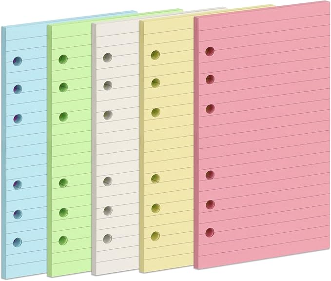 A6 Colorful Refill Paper, [5 Colors] Toplive 100GSM Thick Refillable Paper 6 Hole Filler Inserts Loose Leaf Paper 100 Sheets (200 Pages) for 6 Ring Binder Journal Notebook