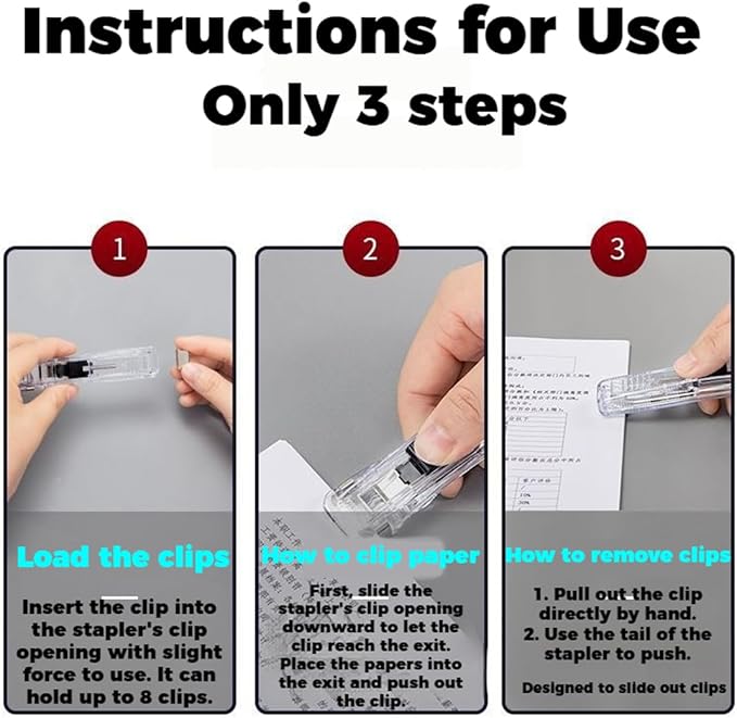 Portable Binder Clip Stapler - Includes 100 Reusable Clips, No Staples, No Holes,Push Clip Paper Clam Dispenser, Reusable Desktop Stapler for Document Home School (2-E)