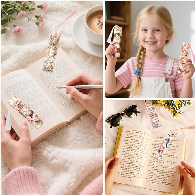 Peacoblue 30pcs UV DTF Bookmarks Transfer Stickers Wraps Pink Retro Flowers for Women Men Reading, Waterproof Bookmarkers Decal(No Blank Bookmarks) for Acrylic Plastic Metal Blank Bookmark