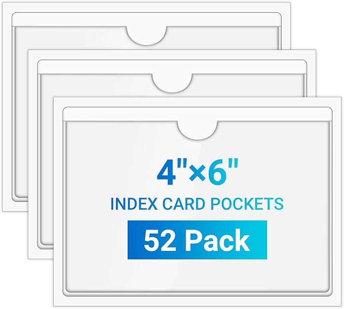 MaxGear 4" x 6" Index Card Holder, 52 Pack Labels for Storage Bins, Clear Adhesive Pockets with Top Open Loading, Plastic Label Holders Tote Bag Labels Stickers for Organizing Library Card Shelves