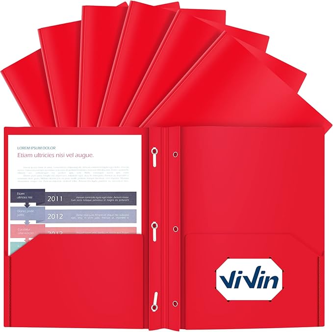 ViVin 12 Pack Plastic Folders with Pockets and Prongs, Heavy Duty 2 Pocket Folders with 3-Prong Fasteners, Poly File Holds 8-1/2" x 11" Paper for School Office Home (Red)