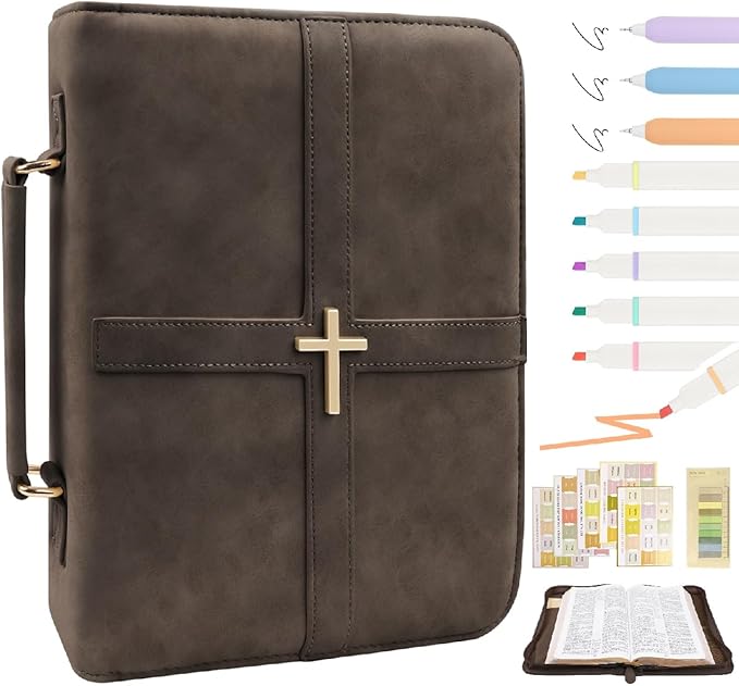 Classic Leather Bible Cover Case with Cross Design and Handle for Men Women, Durable Bible Study Supplies Organizer Carrying Bag, Perfect Christmas Gifts for Christians with Gift Box（Dark Brown