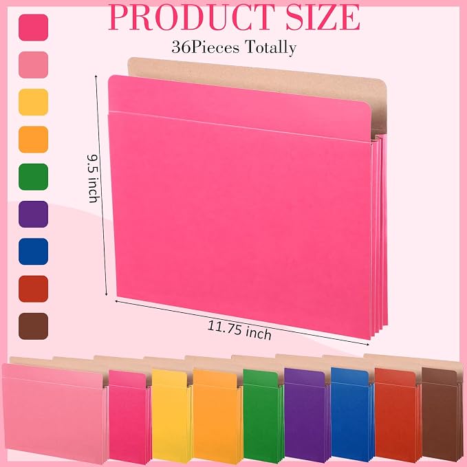 Tenceur 36 Pcs Expanding File Pocket Folder Organizer Letter Size Expandable File Folder 3.5 Inch Expansion Colored File Jackets for Office School 9.5 x 11.75 Inches 9 Colors
