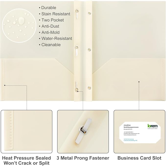 Cholemy 72 Packs Pocket Folders with Prongs Heavy Duty Plastic Folder with Business Card Slot 3 Prong Fasteners for School Office (Beige)