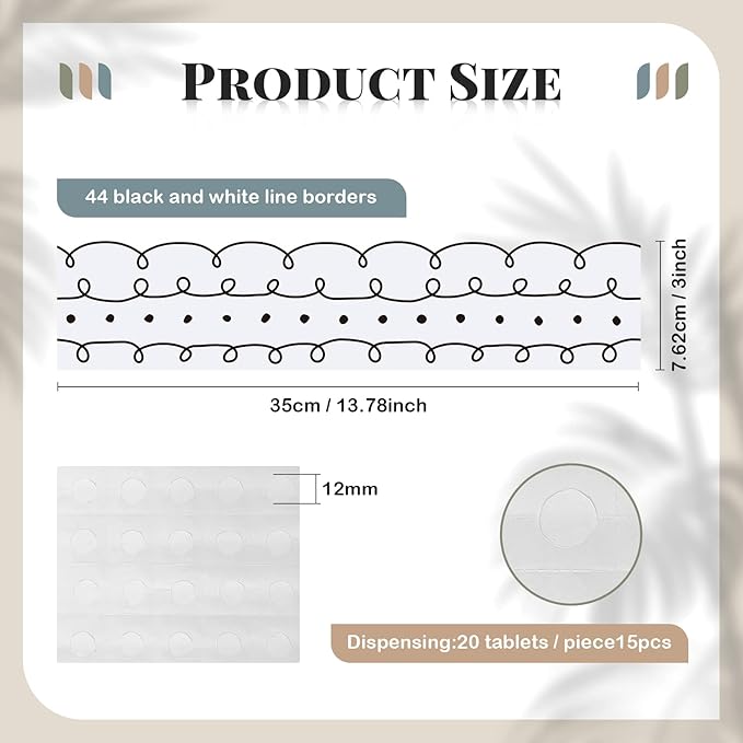 Leinuosen 50.5 ft Bulletin Board Border 44 Pcs Squiggles and Dots Die Cut Border Trims with 20 Sheet Glue Point Dots Bulletin Back to School Decoration for Classroom School Office(White with Black)