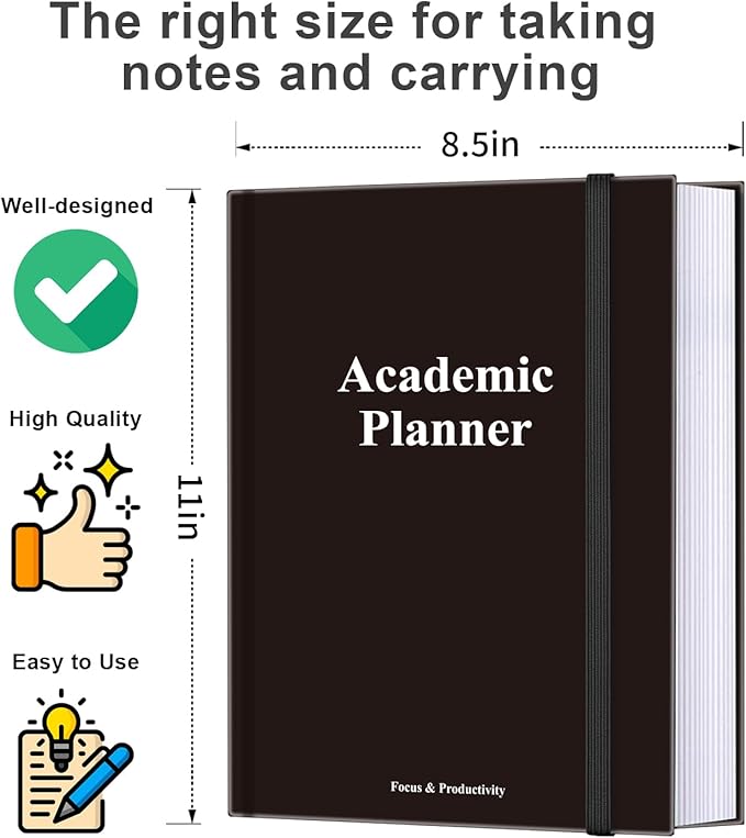 Academic Planner for 2026-2027 or Anytime – 8.5" x 11" Undated Weekly Student Planner For Homeschool, High School, College & Nursing Students, 200 Pages, Black