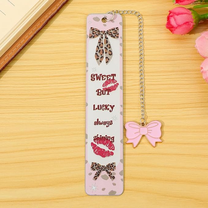 Pink Bowknot Stainless Steel Bookmark - Printed with Cute Bowknot Patterns & Equipped with Heart Pendants, Ideal for Female Readers, Perfect Birthday Gift for Girlfriends (2pcs Set B)