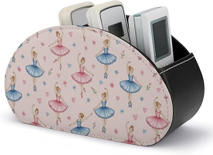 5-Compartment Remote Caddy, PU Leather Storage Box for TV Controllers, Media Players, and Office Desk Organizer, Ballerina Girls Pink