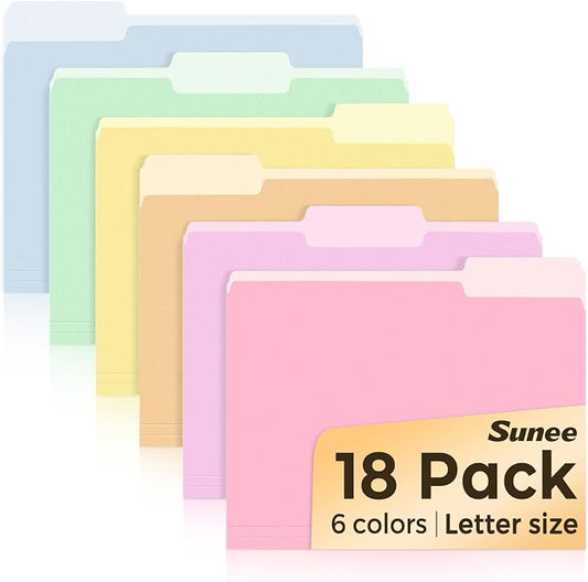 SUNEE File Folders, 18 Pack Manilla Folders 8.5 x 11, Colored Folder Office Organization Home School Folders for Documents Files Paper, 6 Bright Colors