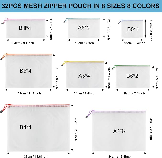 Mesh Zipper Pouch Bags, 32 Pcs Zipper Bags, 8 Size Waterproof Zipper Pouches for Organizing, Assorted Color Plastic Zipper Pouches, Mesh Bags with Zipper for Travel, School, Home and Office Supplies.
