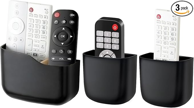 Remote Holder Wall Mount TV FAN Remote Control Holder Bedside Caddy Wall Organizer Phone Holder for Office Adhesive Media Player Controller Holder Box Tray Home Desk Nightstand 1 BIG 2 SMALL BLACK