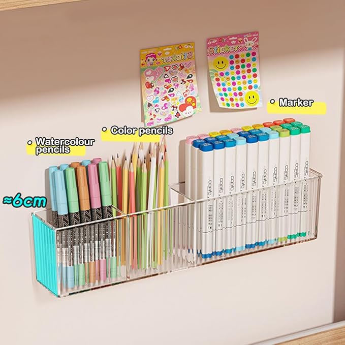 2 Pack Wall Mounted Marker Holder, 3 Compartments Clear Pen Holder Organizer, No Drill Wall Pencil Storage Rack Office Accessories Organizer (Clear)