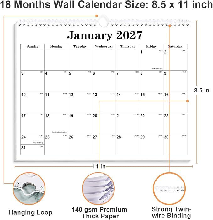Calendar 2026-27 - Calendar 2026-2027 from June 2026 to December 2027, Spiral Binding Hanging Wall Calendar 2026 for Home/Office, 8.5" x 11", Black