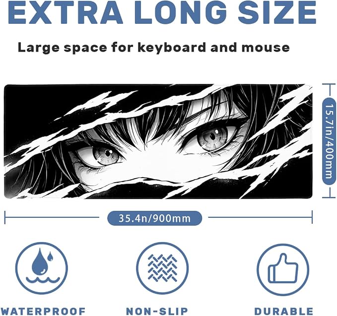 Anime Desk Mat 35.4 x 15.7 Inches Black and White Anime Eye Gaming Mouse Pad Non-Slip Rubber Base Waterproof with Stitched Edges for Gaming Office Home