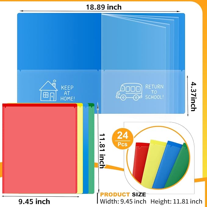 24 Pcs Back to School Take Home Folders for Elementary Students 2 Pocket Folders with Clear Front Pocket 4 Inner Pockets Plastic Parent Teacher Communication Folder 11.81 x 9.45 Inch (Mixed Color)