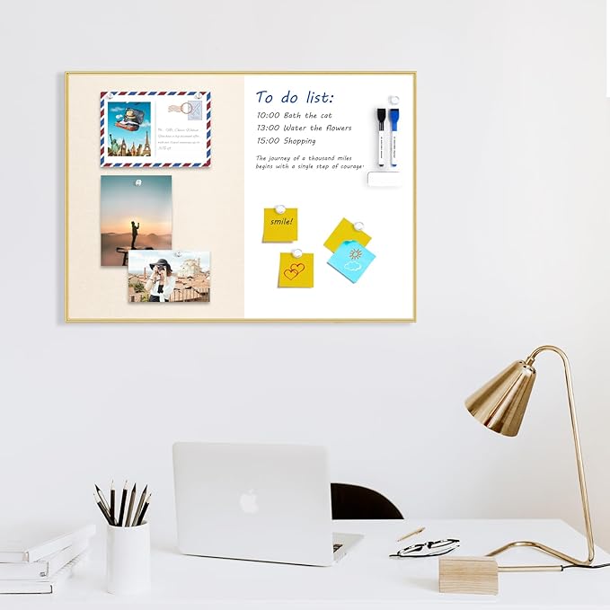 ARCOBIS Dry Erase Cork Board Combo, 24"X18" Whiteboard with Linen for Wall, Magnetic Dry Erase Bulletin Board, Vision Board for Home, Office, School, Off White