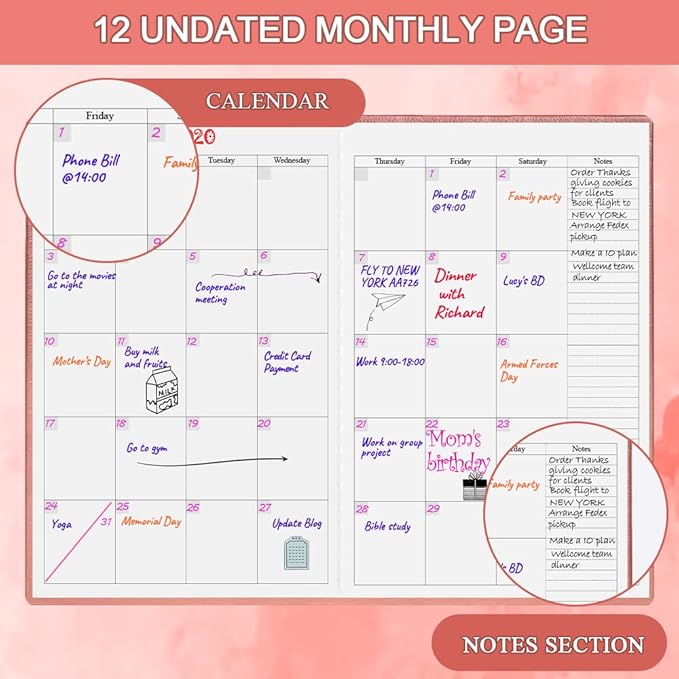 Hardcover Undated Planner for Any Year - Weekly & Monthly Planner & Journal to Track Goals, Perfect to Organize Your Daily Life, 5.85" x 8.25", Rose