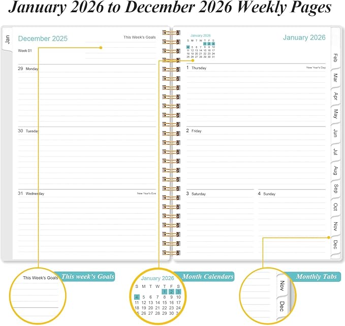 2026 Planner - A5 Weekly & Monthly Planners Spiral Bound, January 2026 - December 2026, 2026 Planner with Flexible Cover, Tabs, Inner Pocket, 6.4" x 8.5", Purple