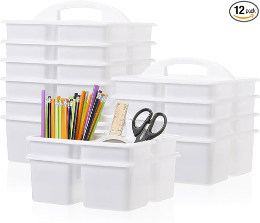 Threehoney 12 Pack Classroom Caddy Storage Basket with Handle 3 Compartment Plastic Storage Caddy Bulk for Arts Office Crafts Pencil Crayon Marker School Supplies(White)