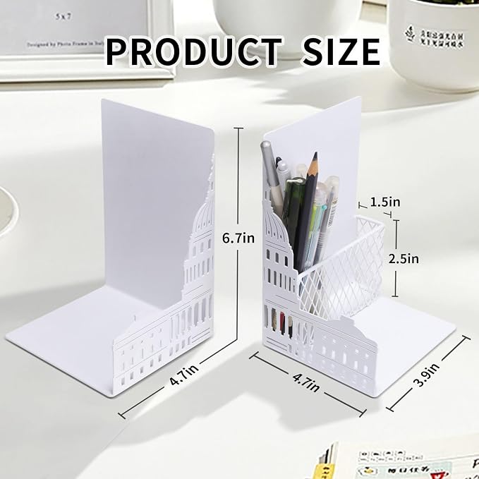 Capitol Book Ends Decorative for Shelves,ENCIMART 1.5mm Thickened Bookends with Pen Holder,Heavy Duty Metal Book Stopper Desk Organizer Holder for Office Gift (White)