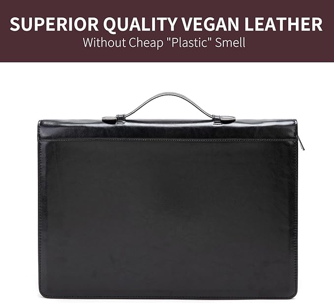 Personalized Vegan Leather 3 Ring Binder Portfolio, Custom 8.5 x 14 Legal Size Pad Padfolio, Hidden Handle, 15” Laptop Organizer, Zip Professional Business Folio, Black
