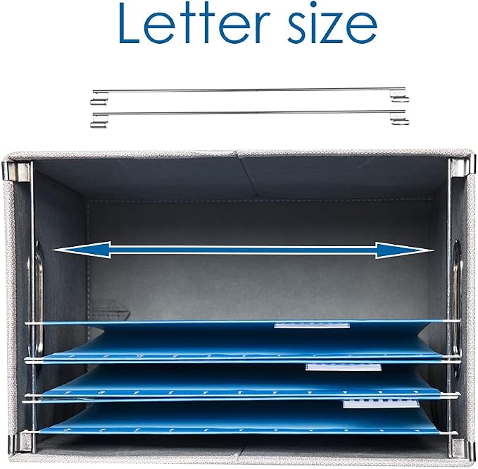 PRANDOM File Organizer Box - Set of 4 Collapsible Decorative Linen Filing Storage Hanging File Folders with Lids Office Cabinet Letter Size Light Grey (14x9.3x10.8 inch)