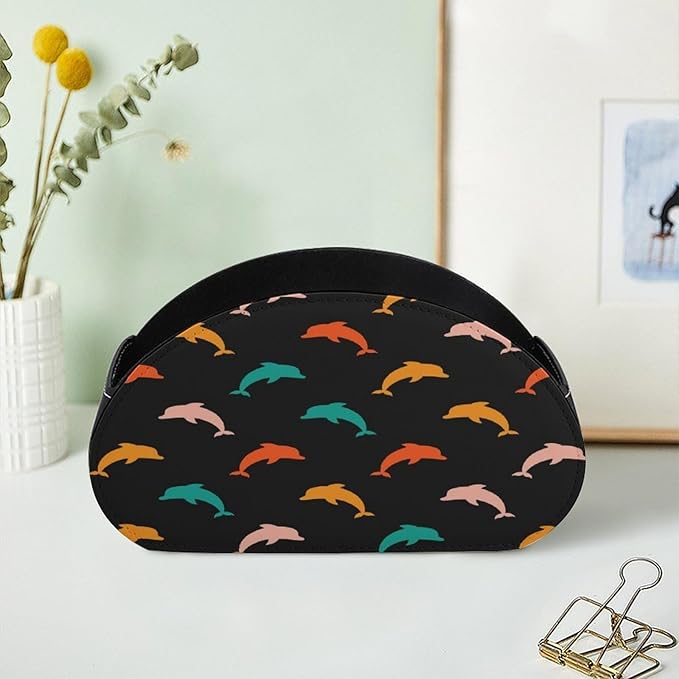 Colorful Dolphin Remote Control Holder with 5 Compartment PU Leather Multi Functional Desk Storage for TV Remotes Office Supplies