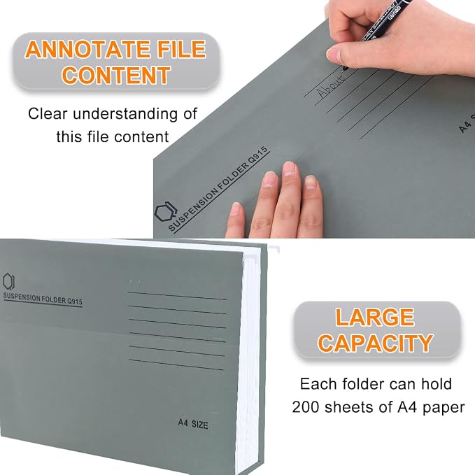 A4 Hanging File Folders, 25 Pcs Recycled Card File Folders for Filing Cabinet with Tabs and Card Inserts, Hanging Files Storage Folders for Office and School, Gray