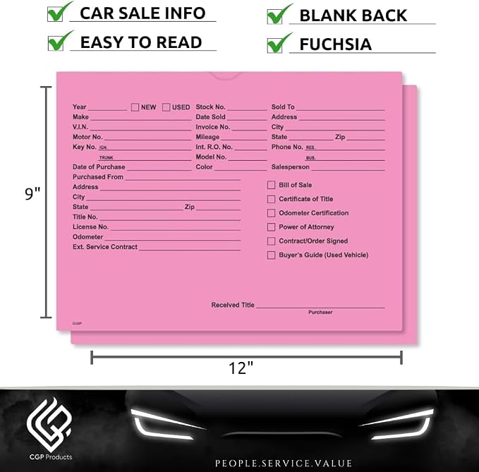 Printed Vehicle Deal Jackets Envelopes Folders for Auto Car Dealerships - 9x12 Size - Dealer Supplies - New and Used Cars - 100 Quantity (Fuchsia)