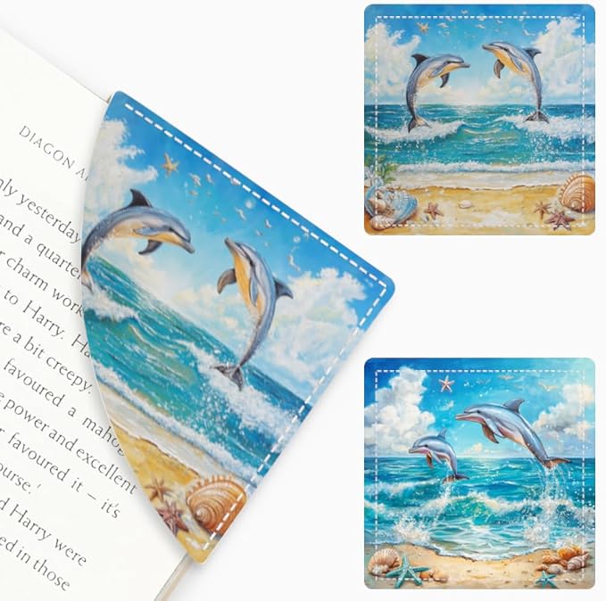 2PCS PU Leather Bookmarks 3.5x3.5 Inch Dolphin Ocean Design | PU leather bookmarks with dolphin ocean design for novels, journals, planners, students, teachers and book lovers.