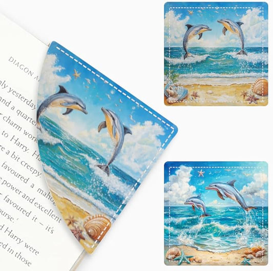 2PCS PU Leather Bookmarks 3.5x3.5 Inch Dolphin Ocean Design | PU leather bookmarks with dolphin ocean design for novels, journals, planners, students, teachers and book lovers.