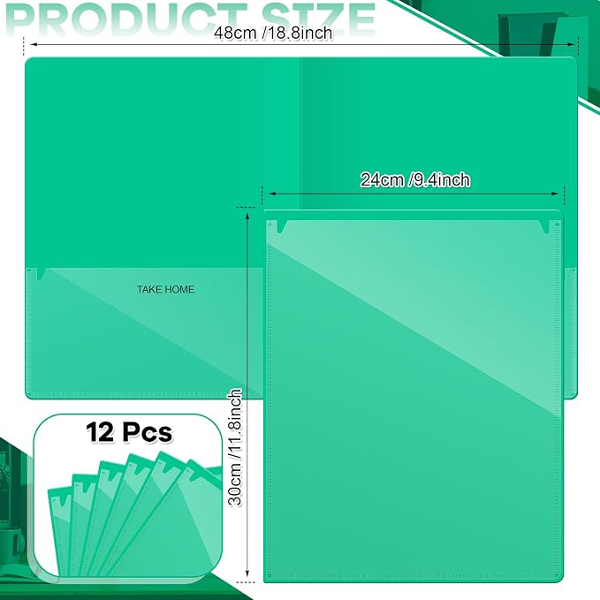 Henoyso 12 Pcs Folders with Pocket School to Home Folder Heavy Duty 2 Pocket Homework Folders with Clear Front Pockets for School Students Parent Teacher Communication (Green)