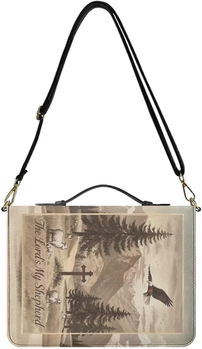 Medium PU Leather Bible Covers for Boys, Kids Bible Case with Strap and Handle, Crucifix Psalm 23:1 Print Book Protecto with Inner Pockets and Pen Loop, Biblia Study Supplies, Sepia