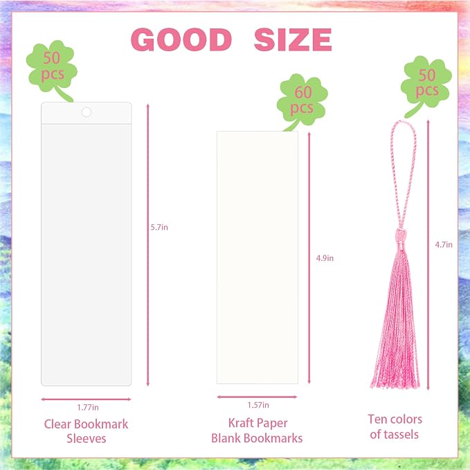 Bookmark Making Kit with 50 Bookmark Sleeves, 50 Colorful Tassels, 50 Blank Bookmark Cards, 10 Practice Sheets, for DIY Bookmarks, Gift Labels, Teacher Supplies, Decor