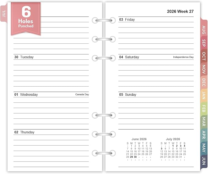 2026 Weekly & Monthly Planner Refills for A6 6-Ring Binders, July 2026 - Jun 2027, Forvencer 6-Hole Punched Planner Inserts with Colorful Monthly Tabs, Pocket Calendar Organizers, 3-3/4" x 6-3/4"