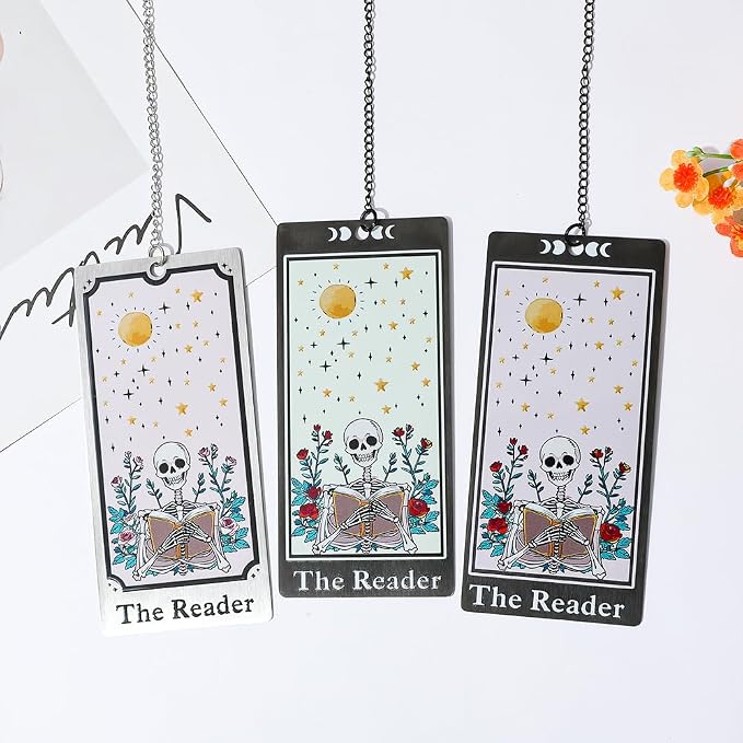 3Pcs Unique Skull Reader Bookmark - Metal Bookmark with Black Tassel, Star and Rose Pattern, Engraved “THE Reader” for Dark Gothic Lovers, Women Readers Fantasy Gift Gothic Gift (3PCS B)