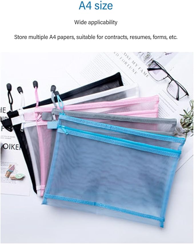 10PCS Nylon Mesh Zipper Pouch Bags, Double Layer A4 Document Organizer Puzzle Storage Bag with Handle for Board Games Home School Office Supplies (Blue)