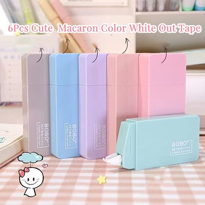 LOPURO White Out Correction Tape, 6Pcs Cute White Out Tape Pastel Color Correction Tape Eraser Easy to Use Applicator Instant Corrections for School Office Home Supplies (Cute)